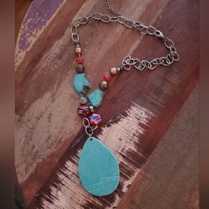 20" Silver Tone Link Millefiori Beads & Turquoise w/ 3" Turquoise Pendant